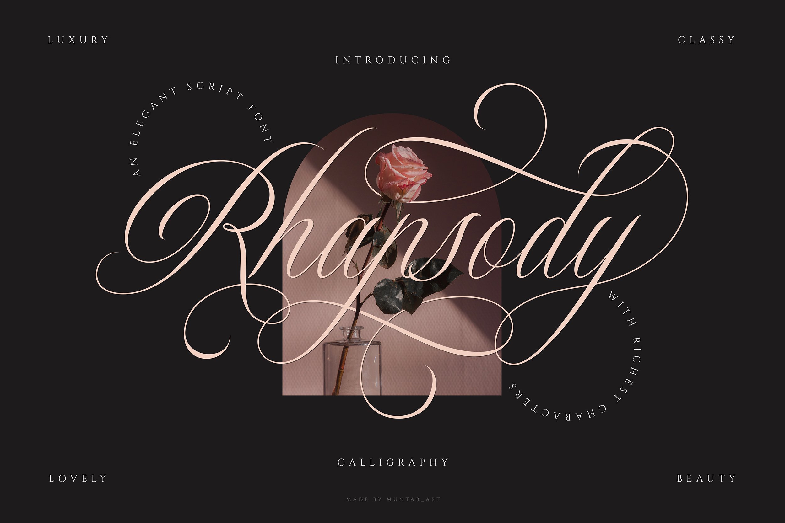The Rhapsody calligraphy script font has so many fun swashes and alternative fonts. This font can give your branding and design projects an elegant and classy look and feel. 