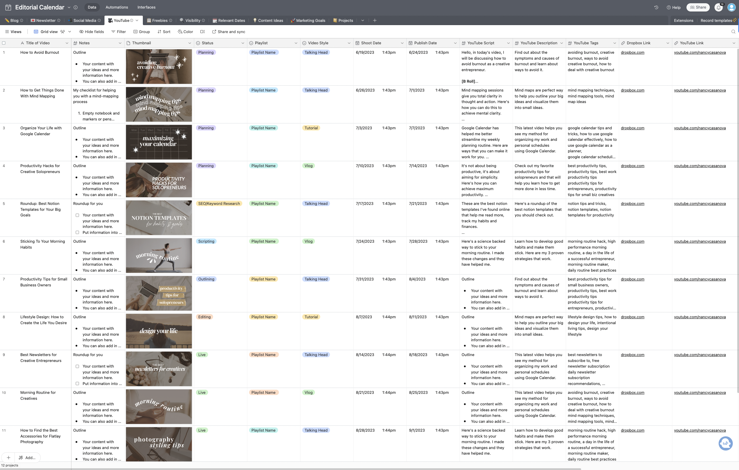 Content calendar using Airtable. Here's a preview of the YouTube content calendar template. 
